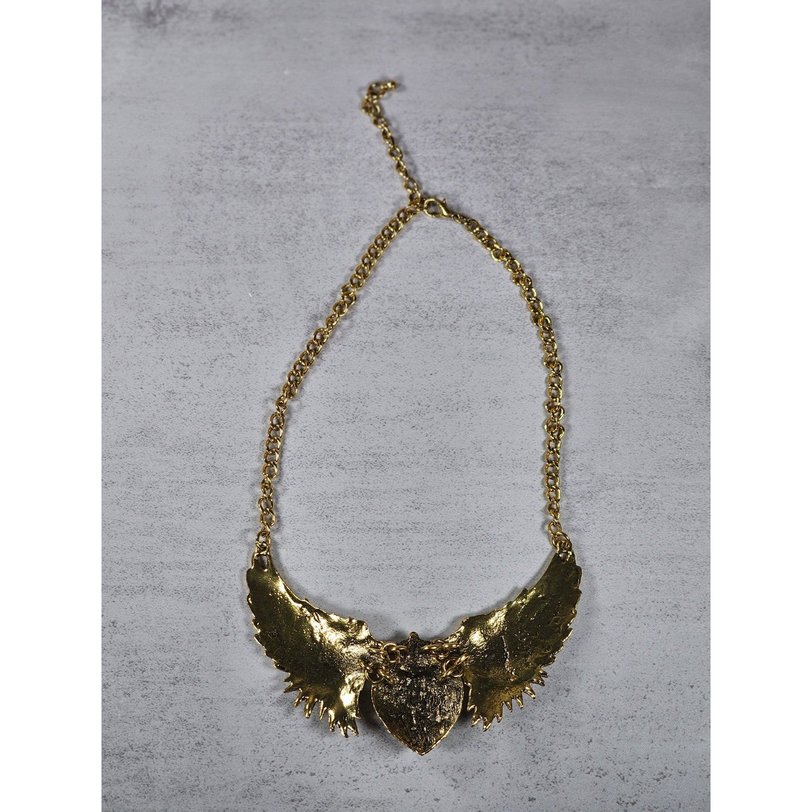 Vintage Gold Tone Winged Heart Rhinestone Statement Necklace