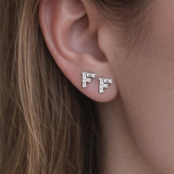 Vintage Rhinestone F Stud Earrings Silver Tone Initial Letter Posts