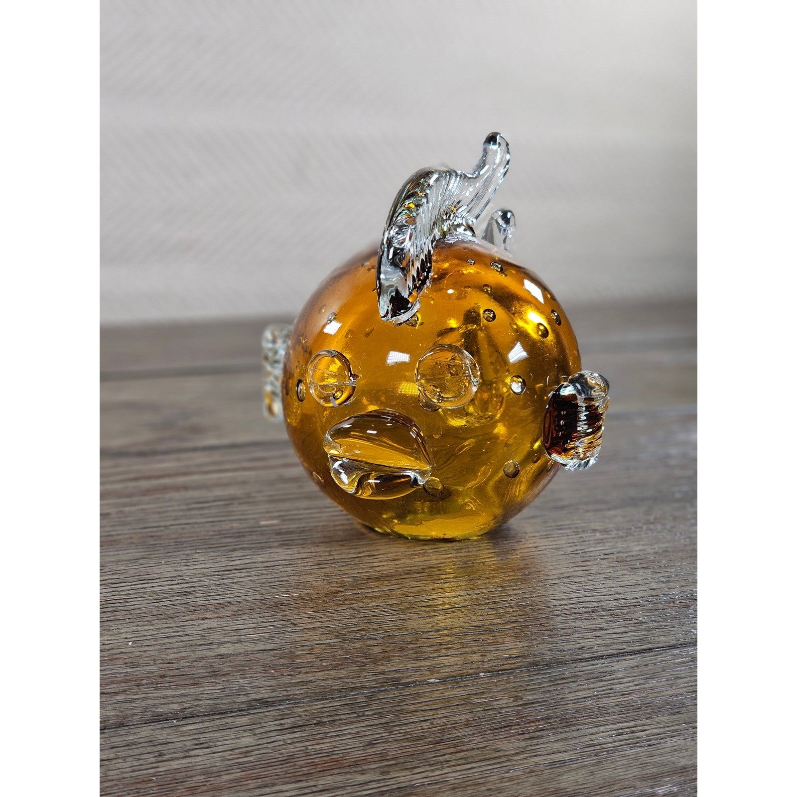 Vintage Amber Art Glass Fish Figurine 5" Hand Blown Bubble Glass