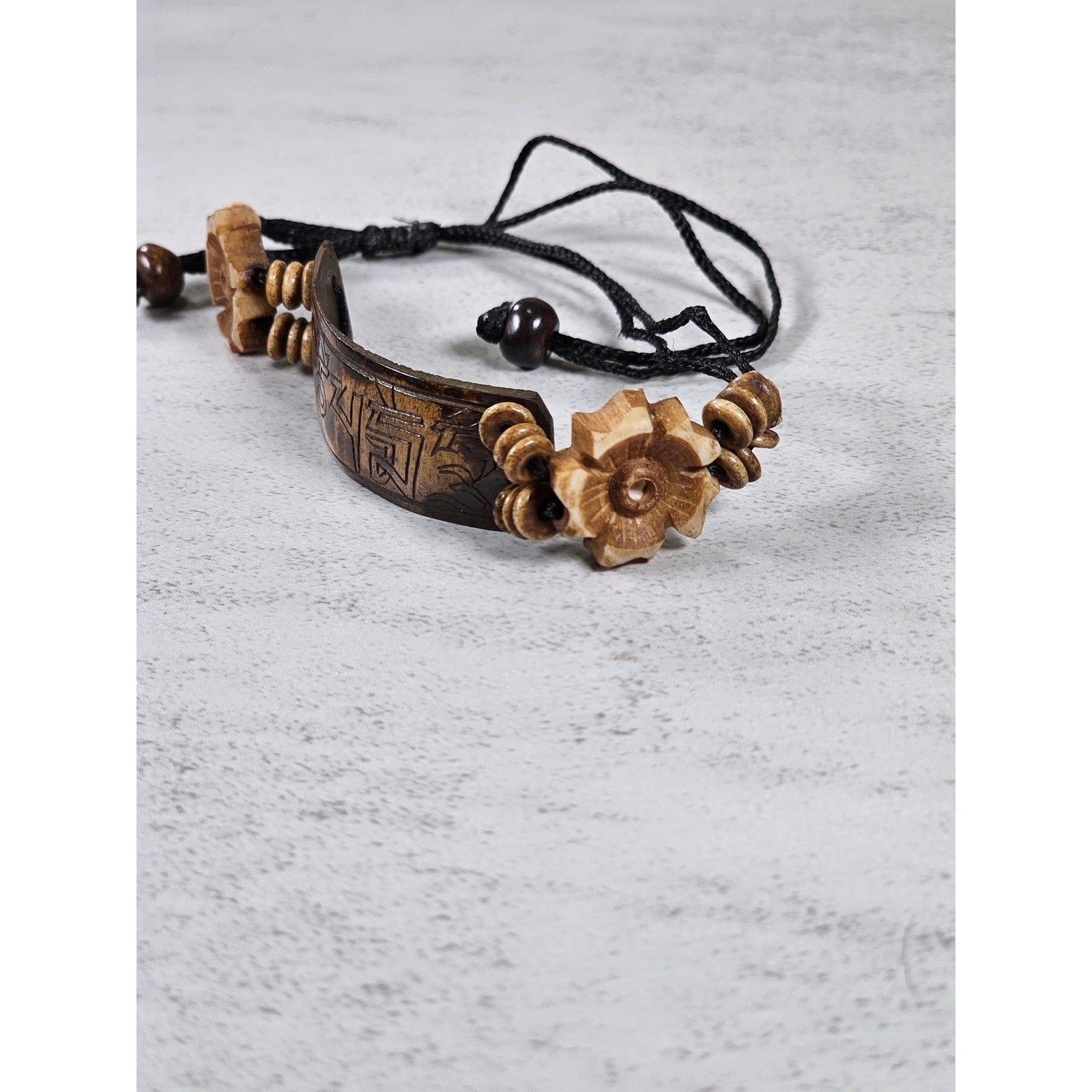 Vintage Carved Wood Adjustable Bracelet with Floral Accents