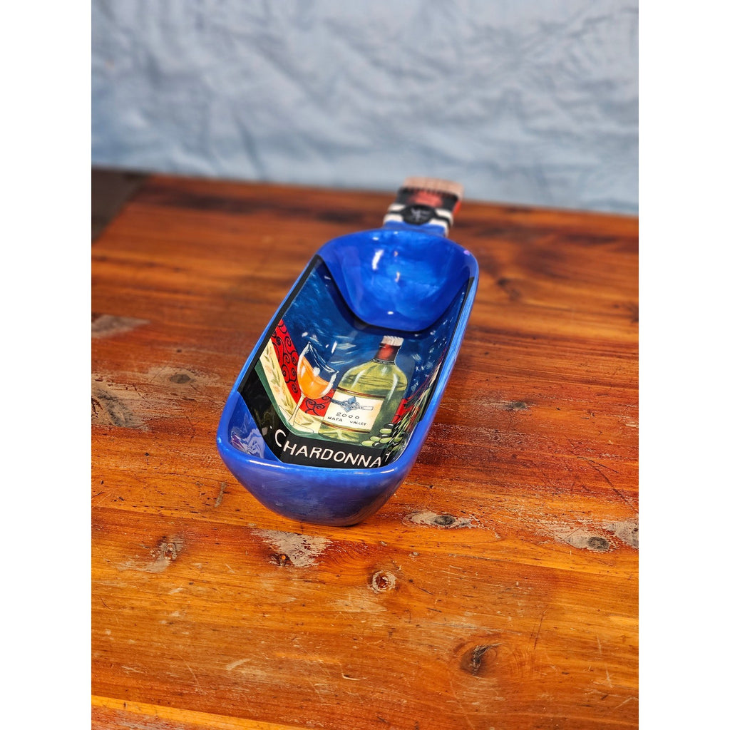 Blue Ceramic Wine Bottle Shaped Serving Dish with Chardonnay Scene NAPA VALLEY