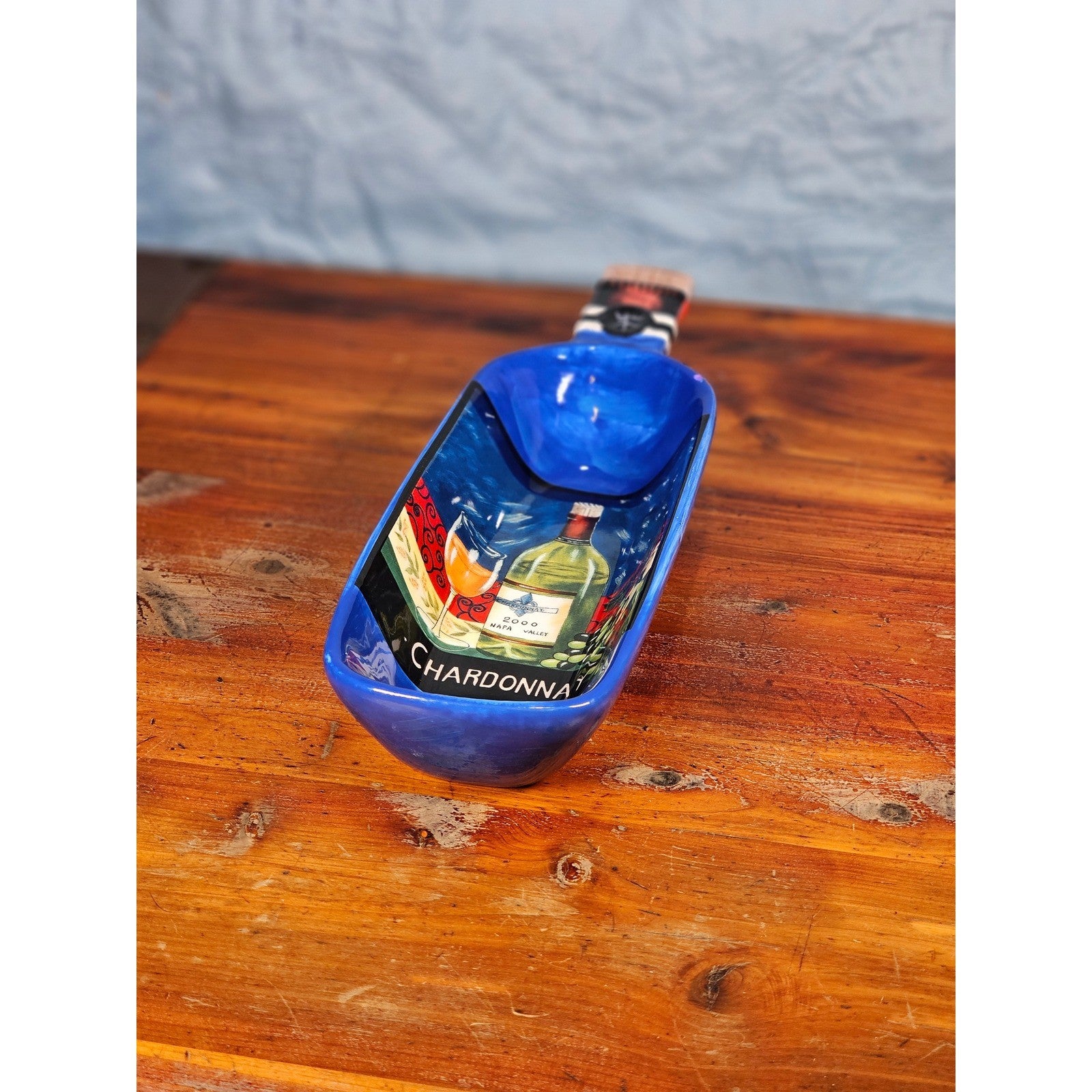 Blue Ceramic Wine Bottle Shaped Serving Dish with Chardonnay Scene NAPA VALLEY