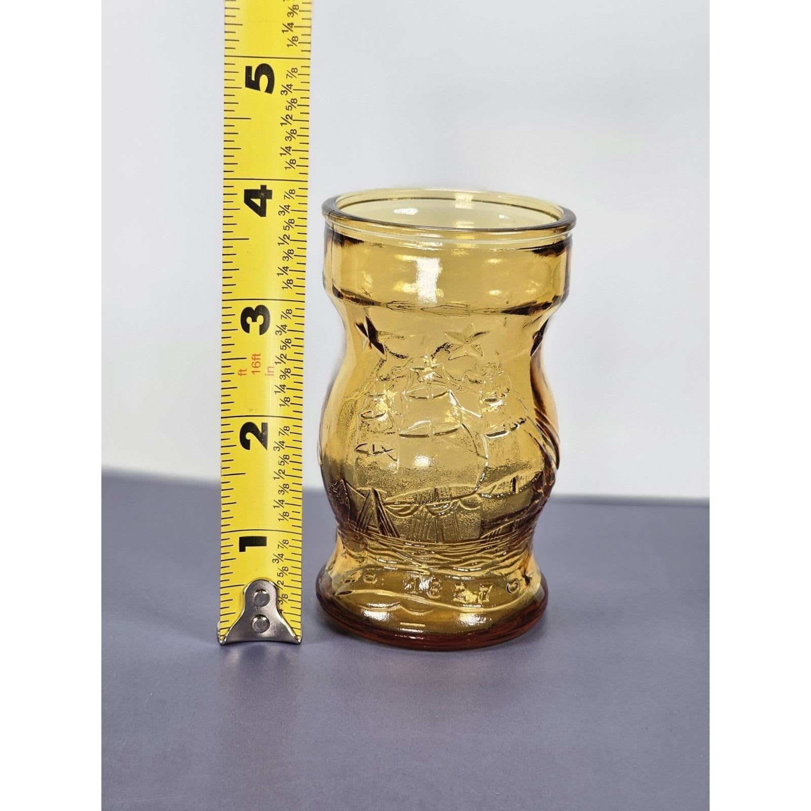 Vintage Amber Glass Nautical Ship Jar 3.75" Embossed Maritime Decor