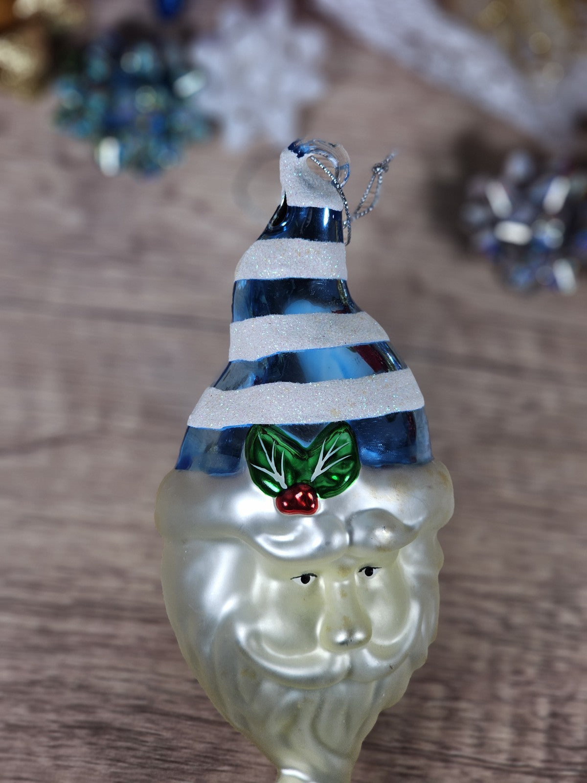 Vintage Handblown Glass Santa Ornament 7" Tall With Blue Striped Hat & Holly