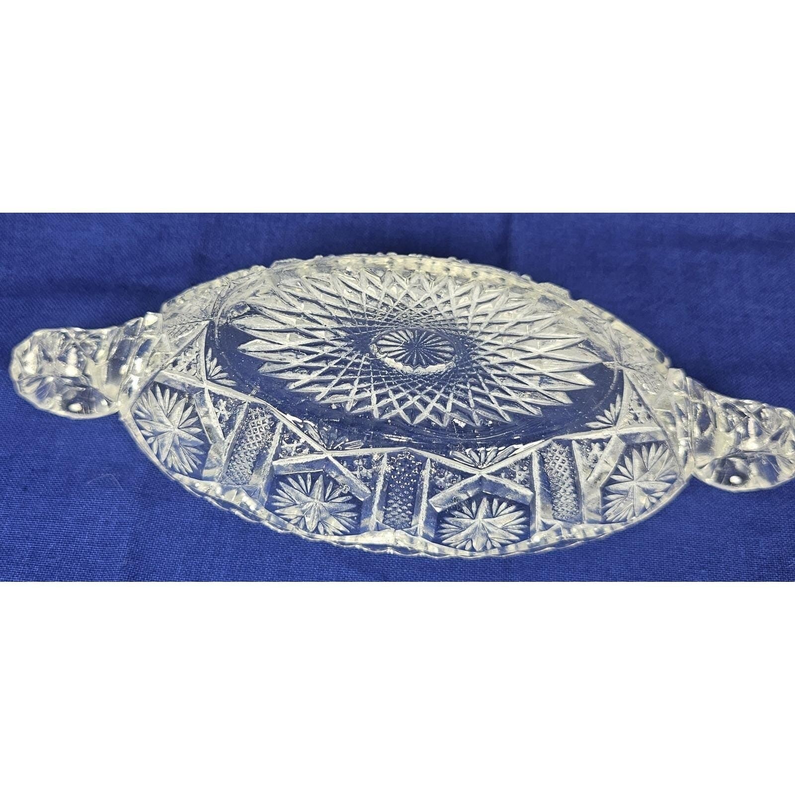 Cut Glass Candy Dish Starburst Pattern Handled Vintage