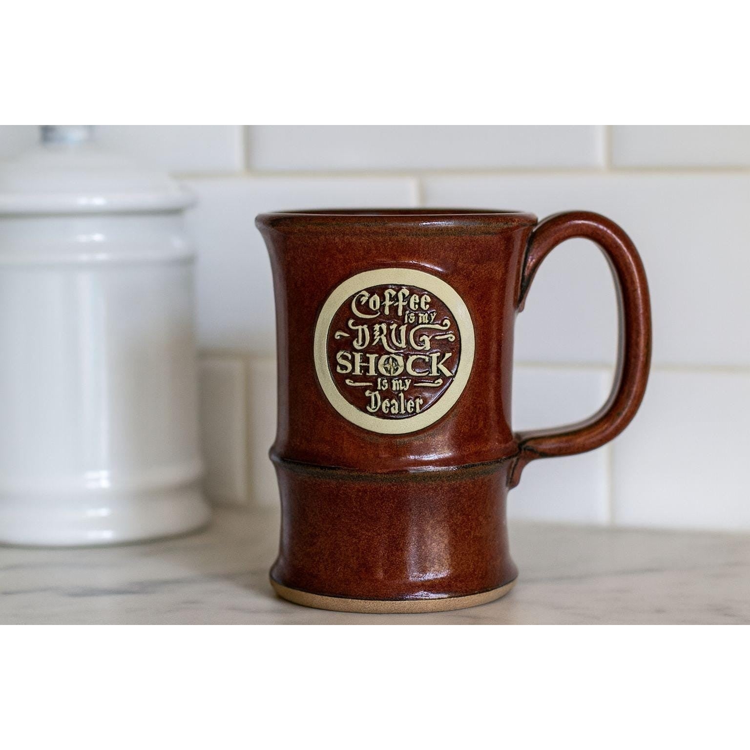 Vintage Brown Ceramic Mug with Embossed Humorous Text | 5 Inch Coffee Mug