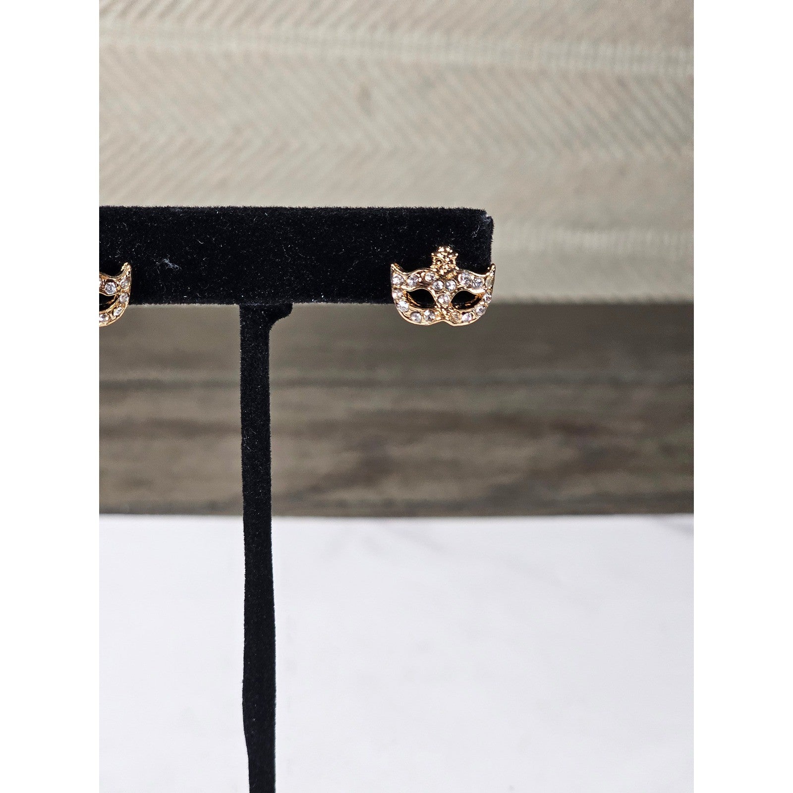 Vintage Gold Tone Mask Stud Earrings Mardi Gras Rhinestone