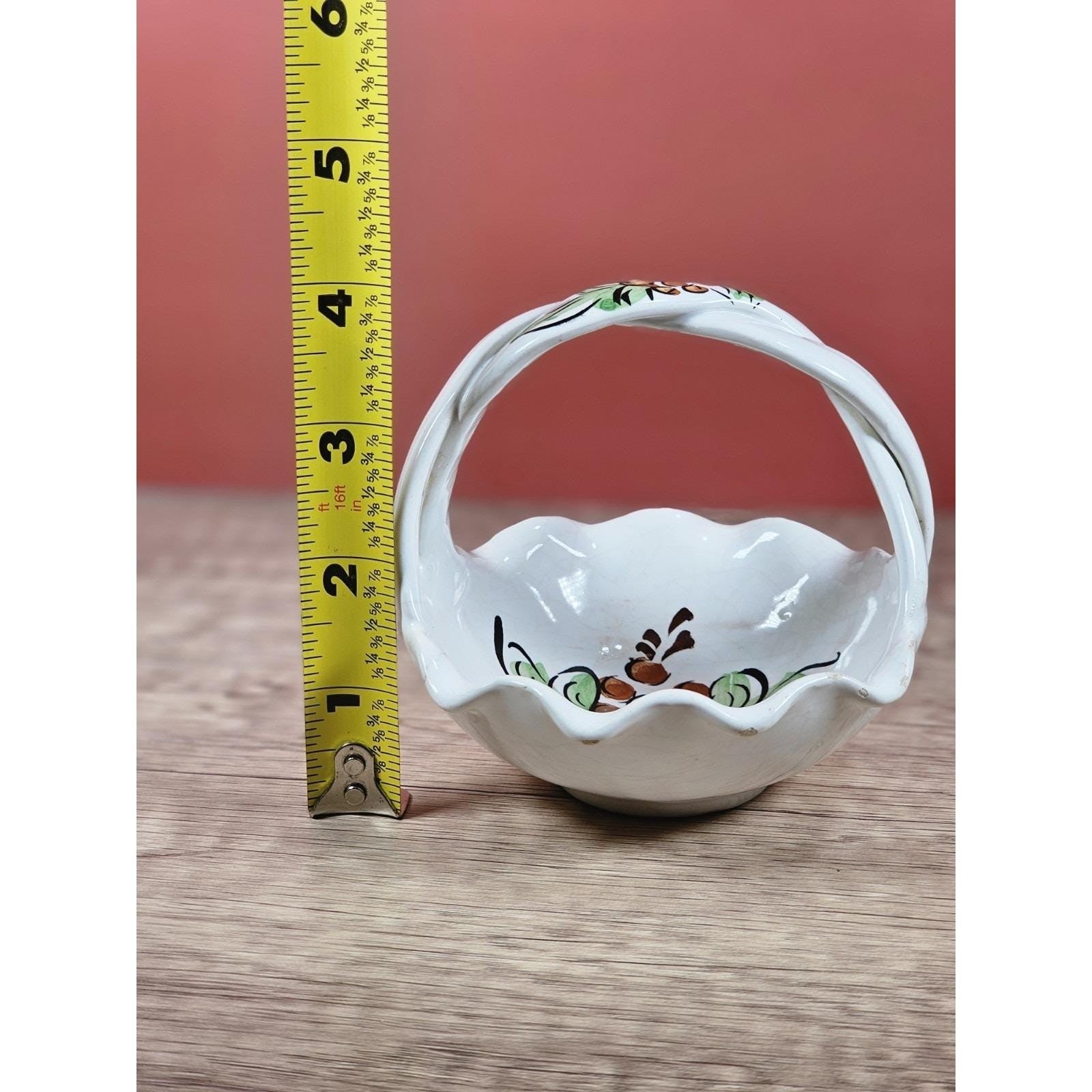 Vintage Portuguese Hand Painted Ceramic Basket with Floral Design