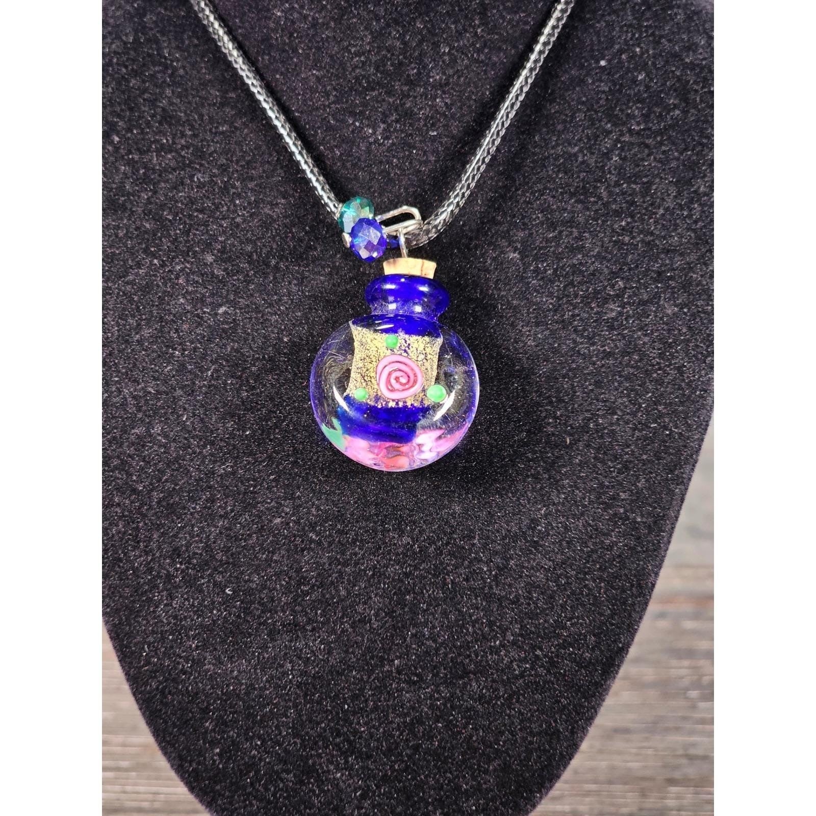 Vintage Glass Potion Bottle Necklace with Cork Stopper on Black Cord
