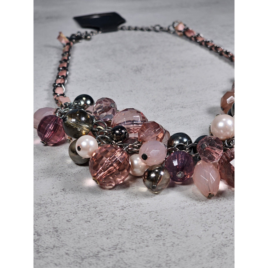 Vintage Pink Beaded Cluster Necklace with Ribbon Chain Detail