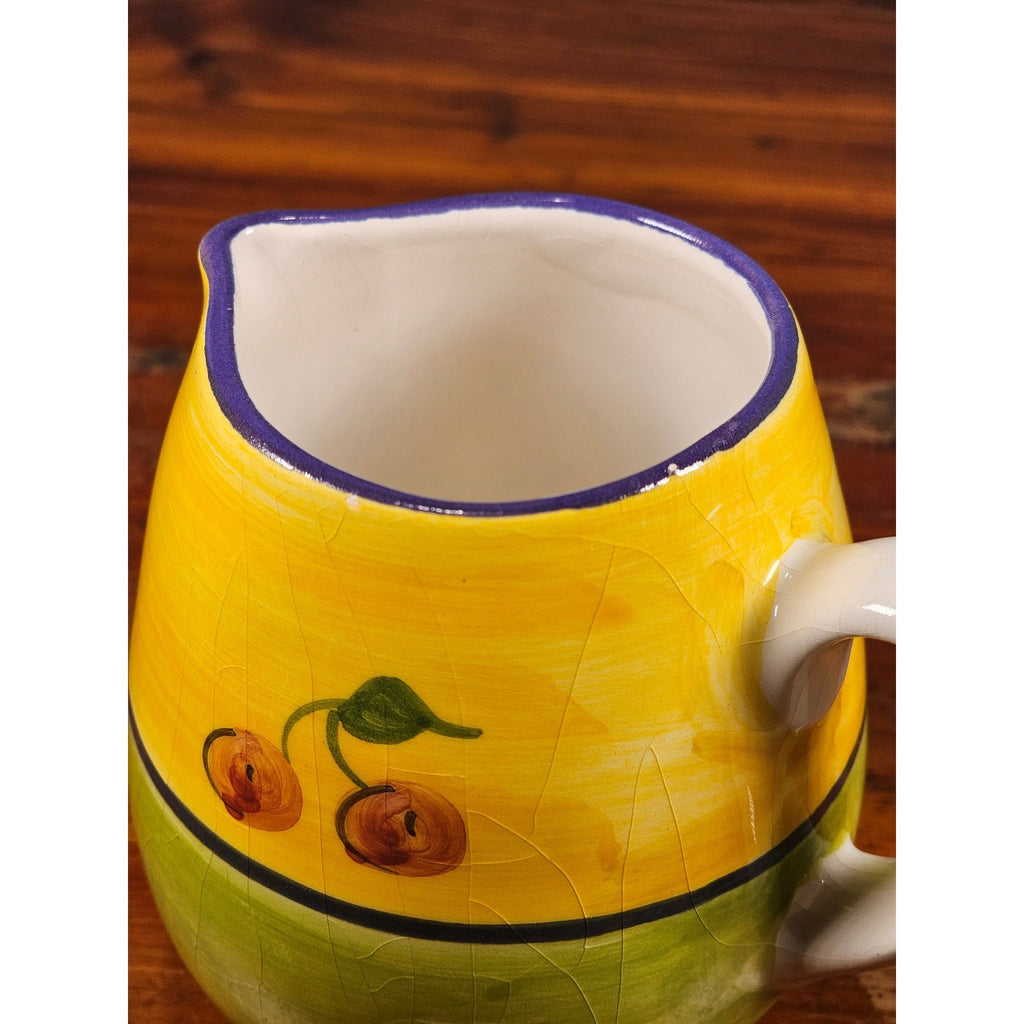 Vintage Ceramic Small Cherry Pitcher Yellow Green Hand Painted Country Kitchen