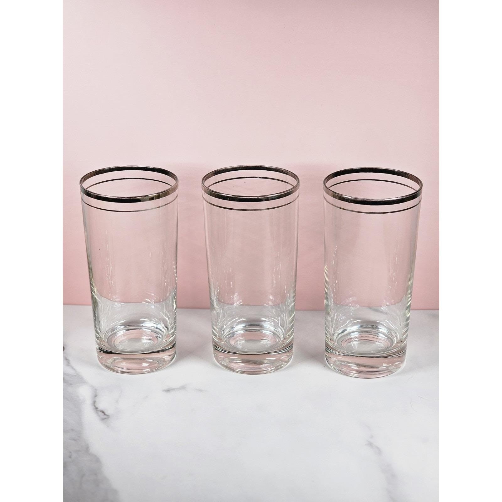 Vintage Mid Century Highball Glasses Set of 3 Silver Rim Barware