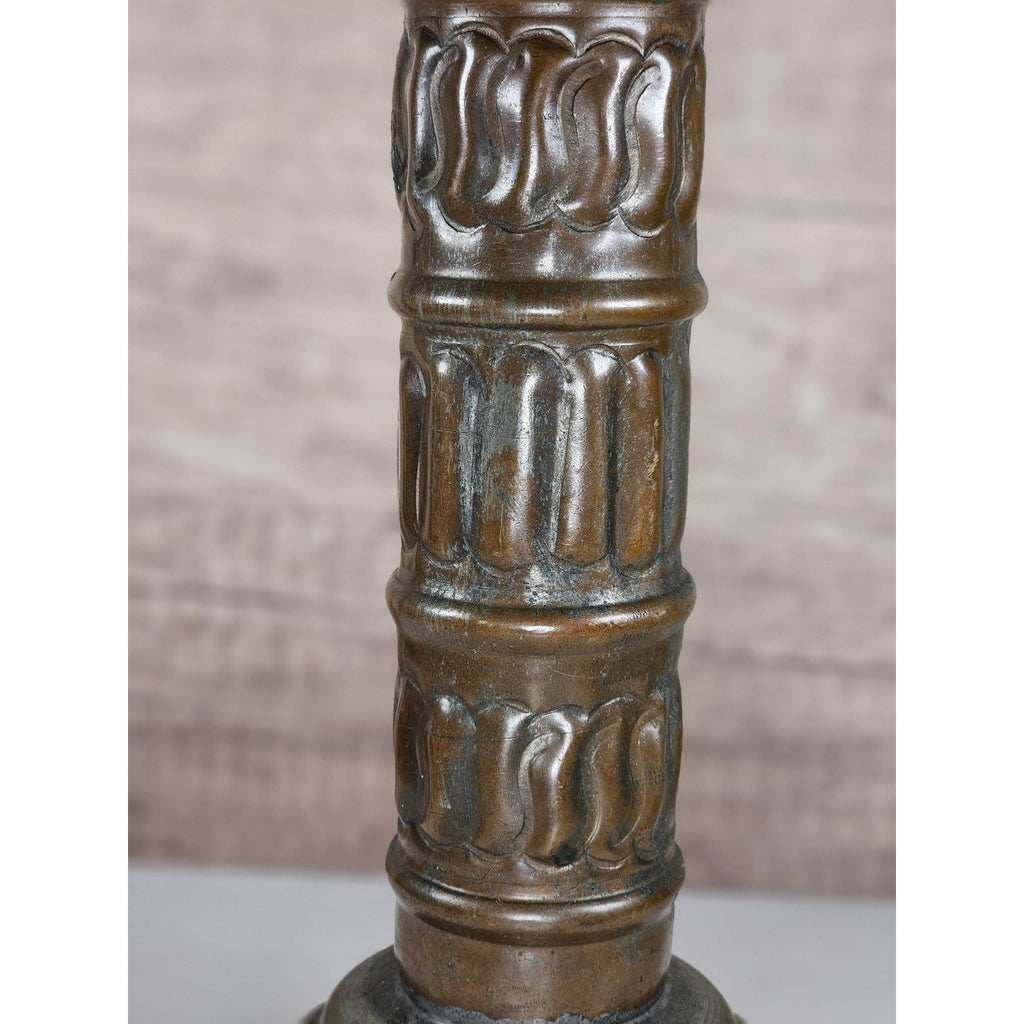 Antique Tinned Copper Candlestick Holder 12" Embossed Design