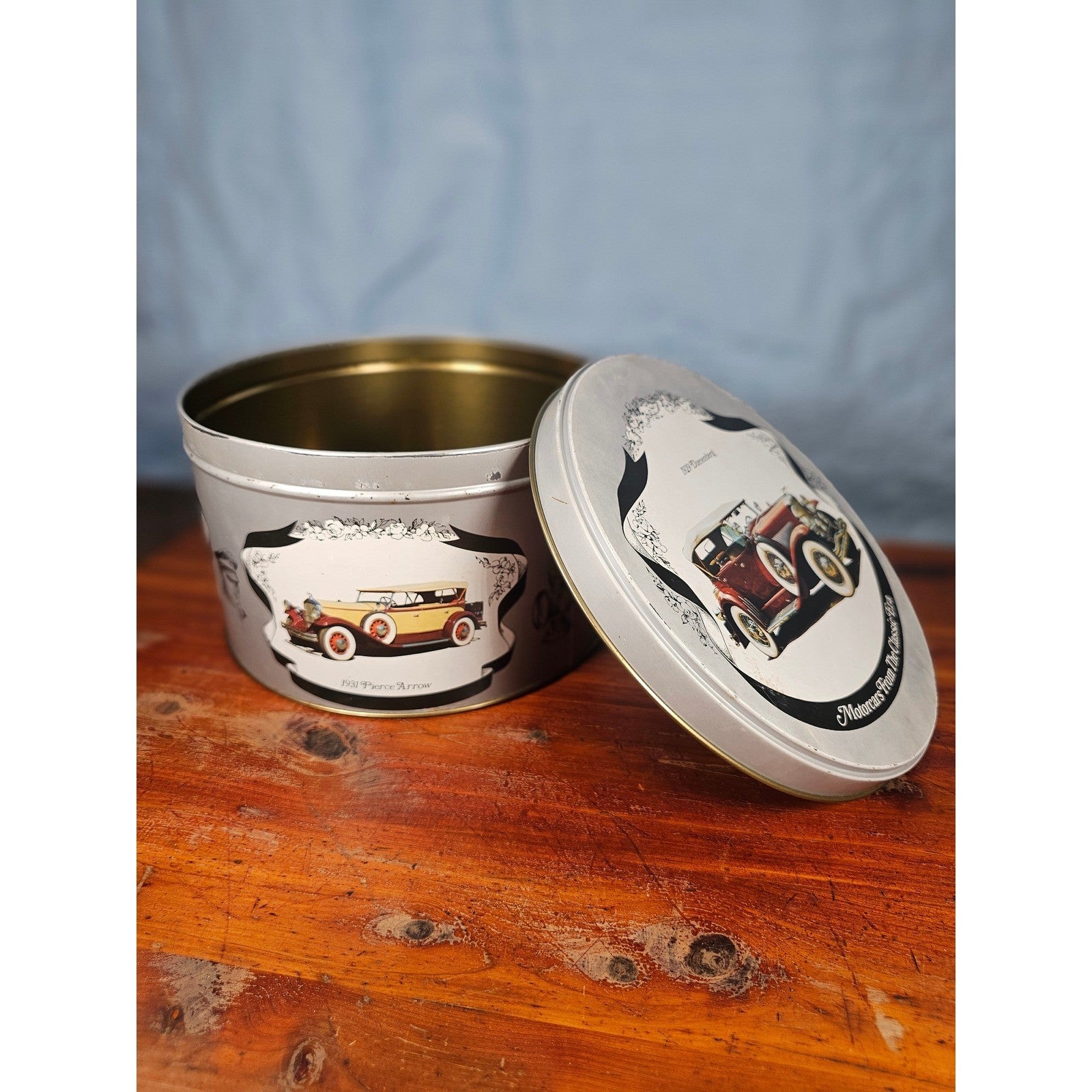 Vintage Classic Car Cookie Tin Empty Round Metal Motorcars from the Classic Era
