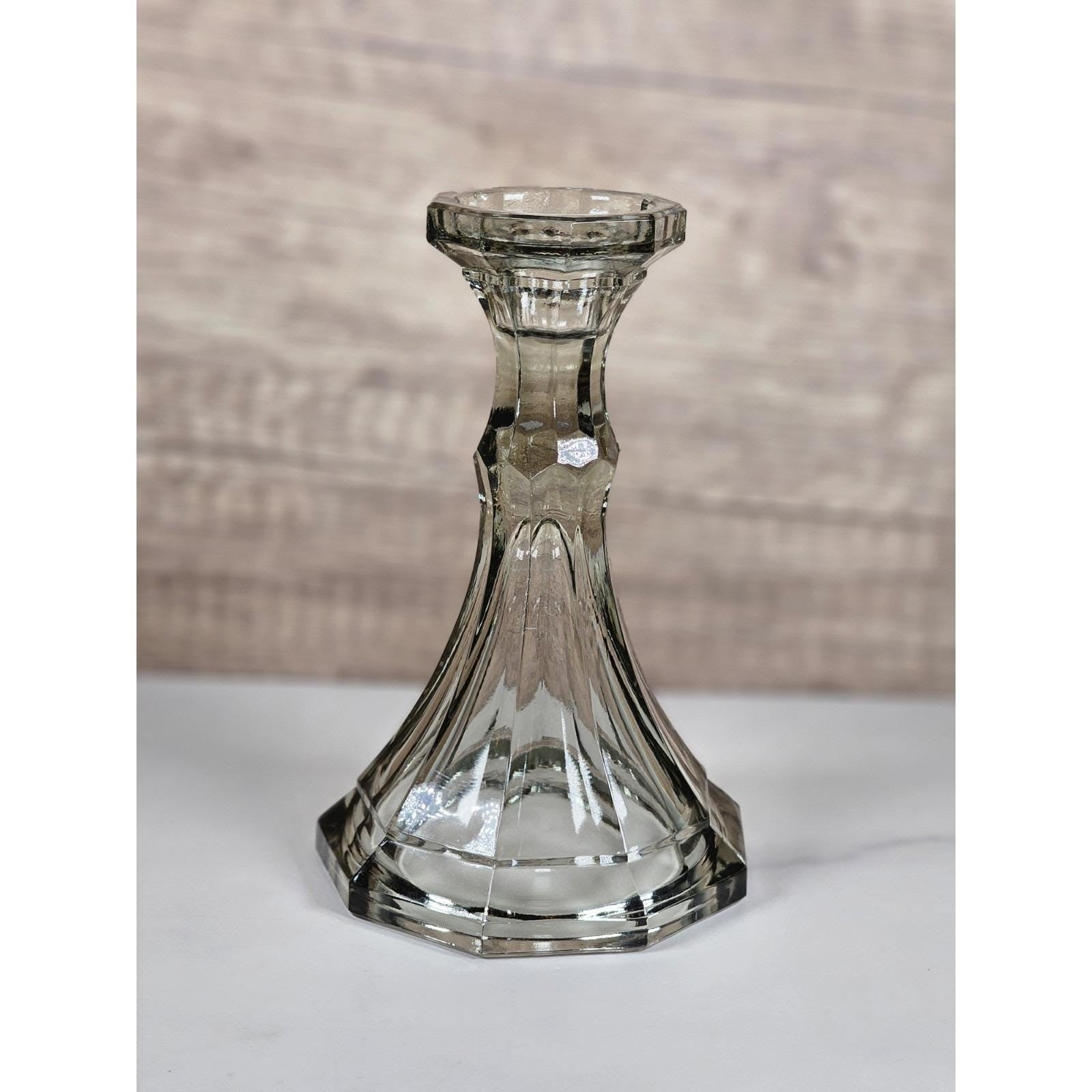 Vintage Fostoria Smokey Glass Candle Holder Faceted 6 Inch USA