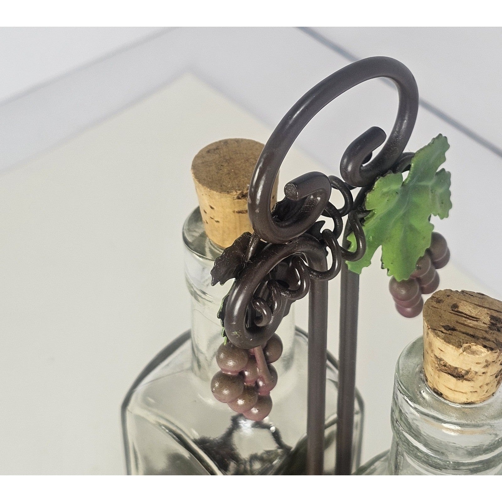 Glass Oil and Vinegar Cruet Set with Cork Stoppers and Metal Grape Caddy