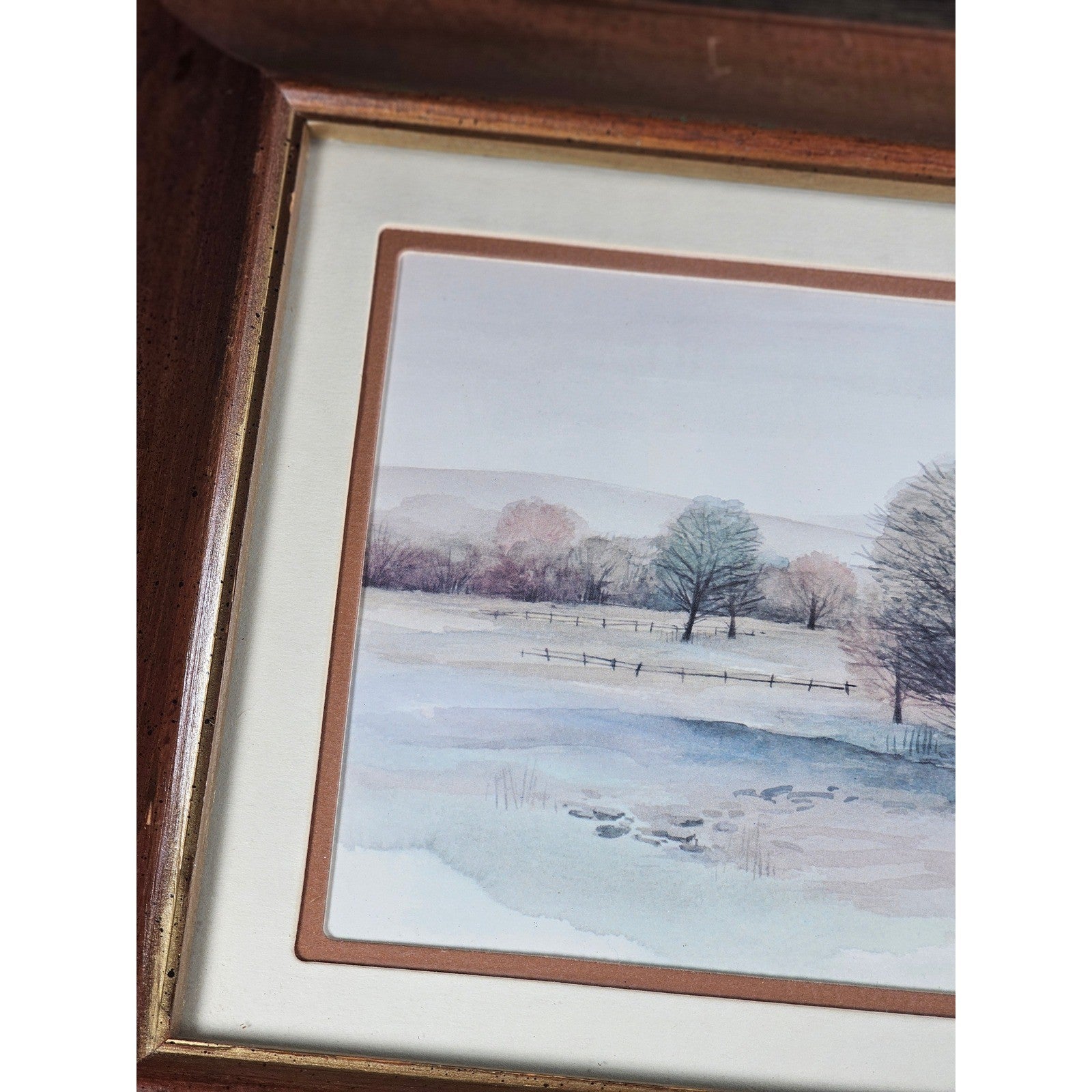 Vintage Framed Winter Landscape Print Signed, Rustic Wood Frame 14x13