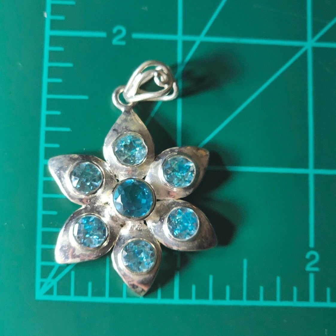 Vintage Sterling Silver Blue Stone Flower Pendant .925 Floral Necklace Charm