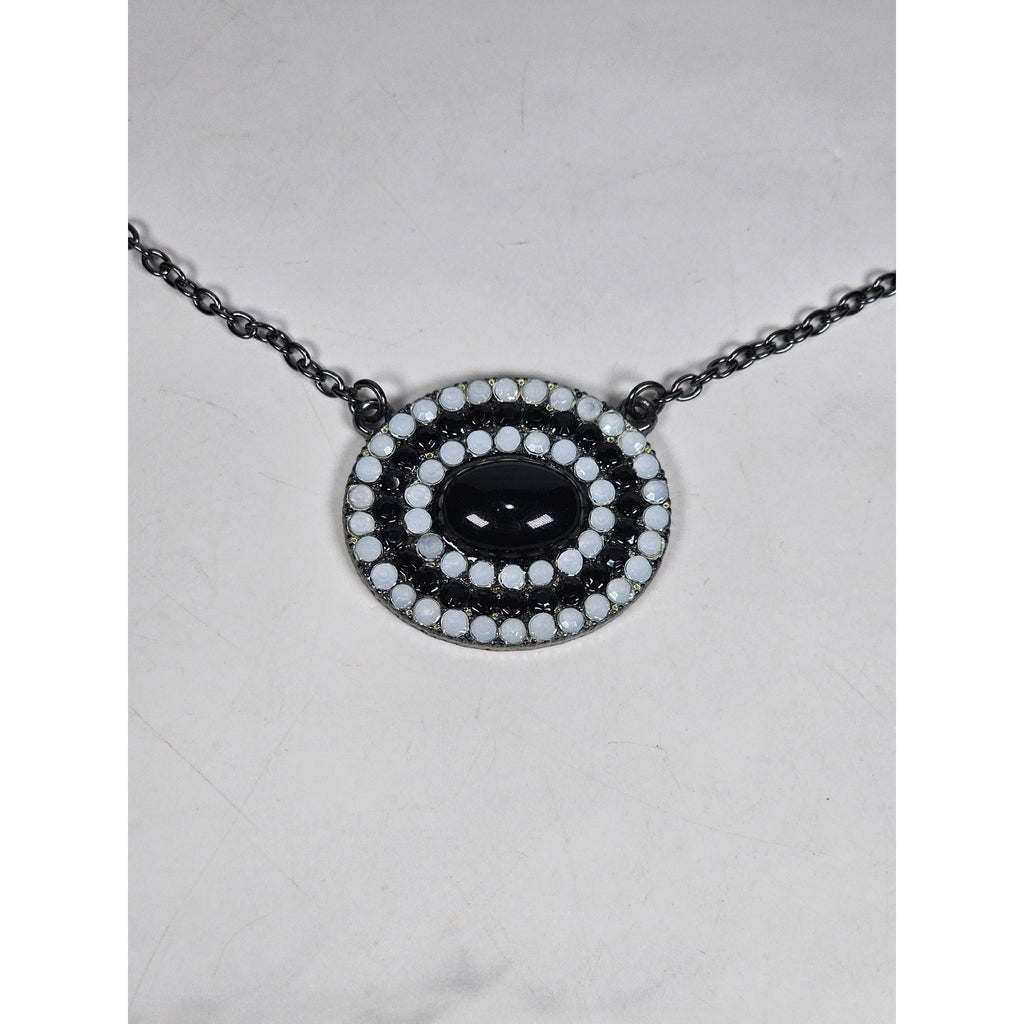 Vintage Black Oval Pendant Necklace with Rhinestone Halo on Gunmetal Chain