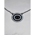 Vintage Black Oval Pendant Necklace with Rhinestone Halo on Gunmetal Chain