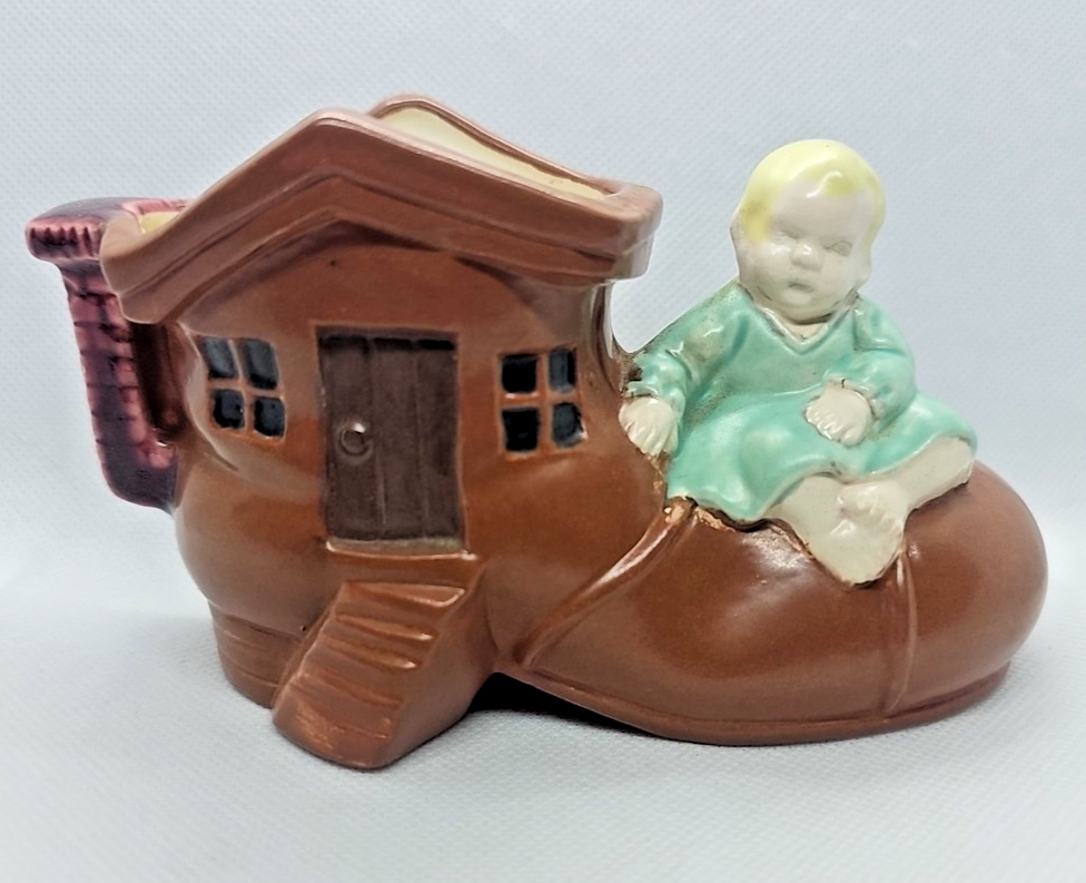 VINTAGE HAND PAINTED PORCELAIN SHOE HOUSE WITH CHILD FIGURINE/ PLANTER - JAPAN