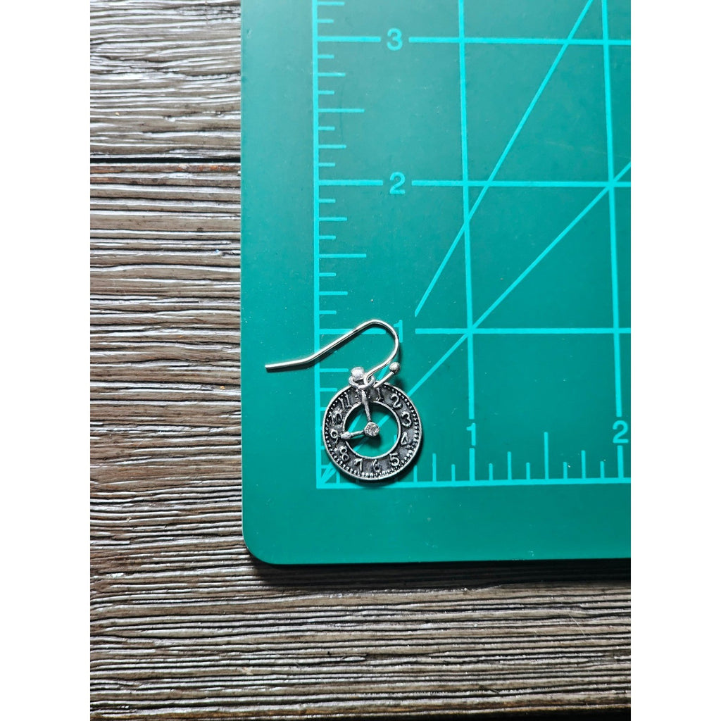 Vintage Clock Face Drop Earrings Silver Tone Dangle Jewelry