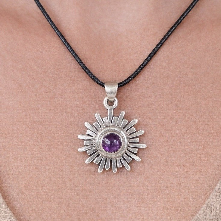 Vintage Sterling Silver Sunburst Amethyst Pendant Necklace