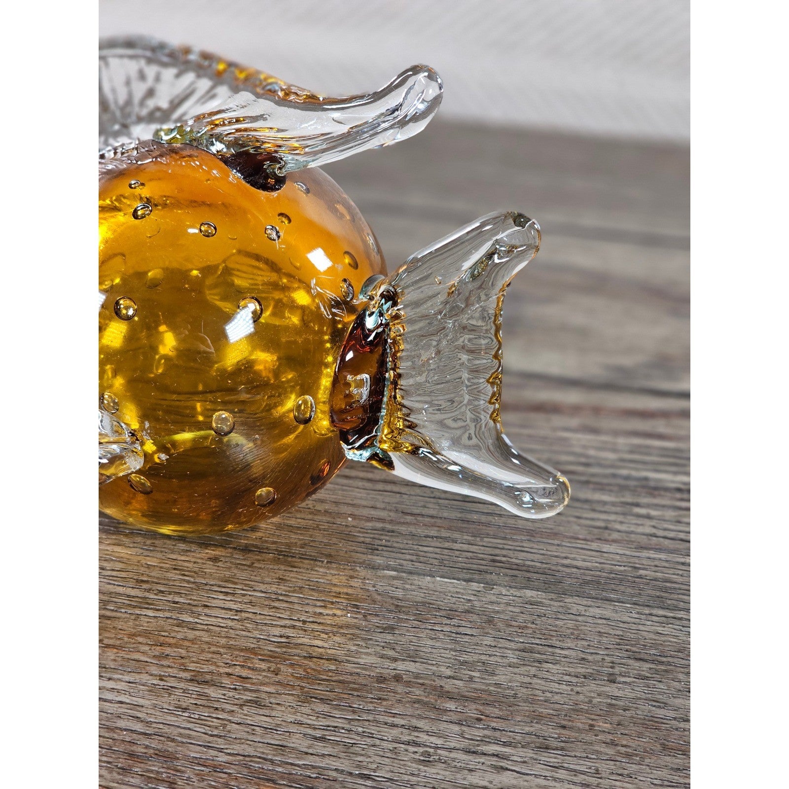 Vintage Amber Art Glass Fish Figurine 5" Hand Blown Bubble Glass