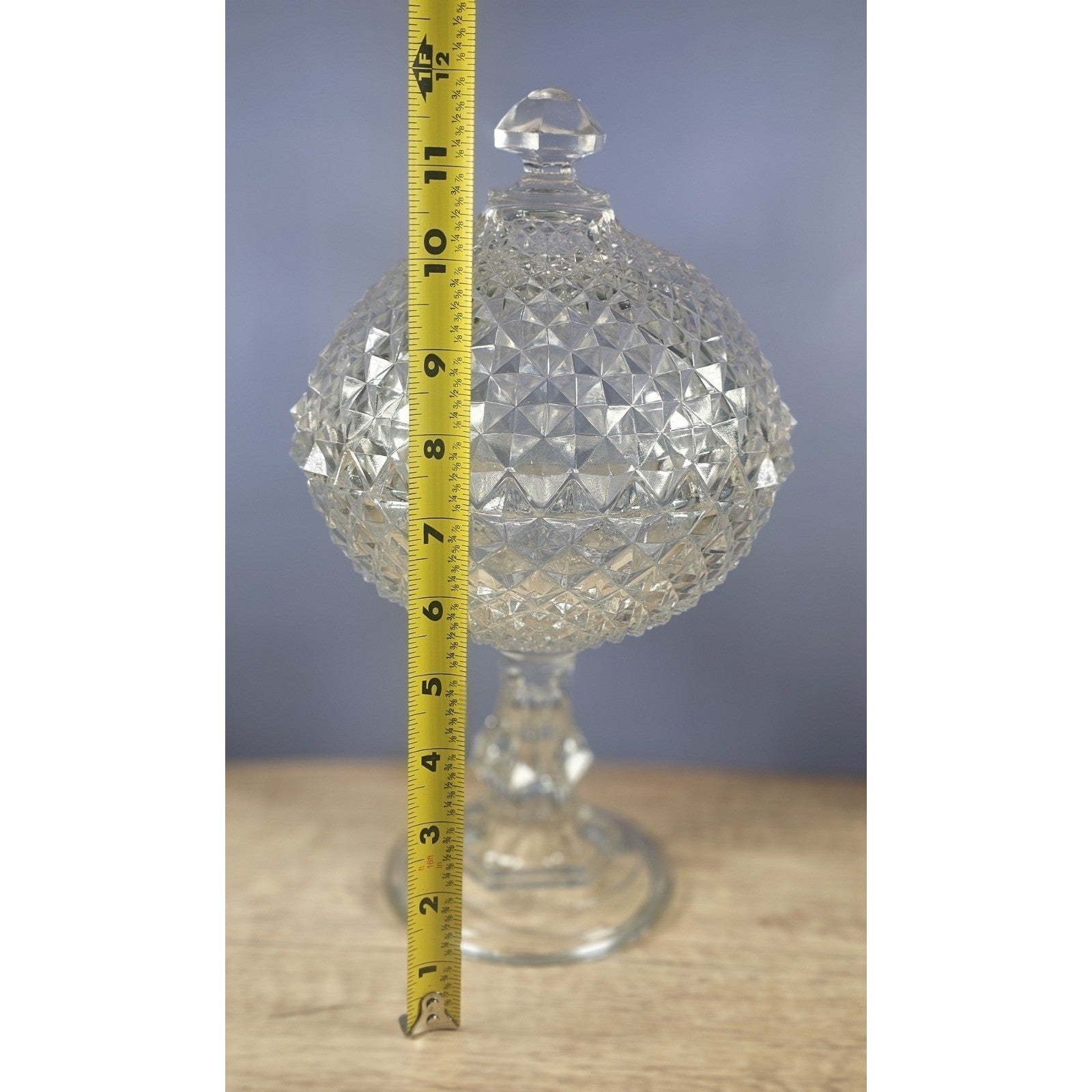 Vintage Saw Tooth Diamond Clear Flint Glass Pedestal Compote With Lid