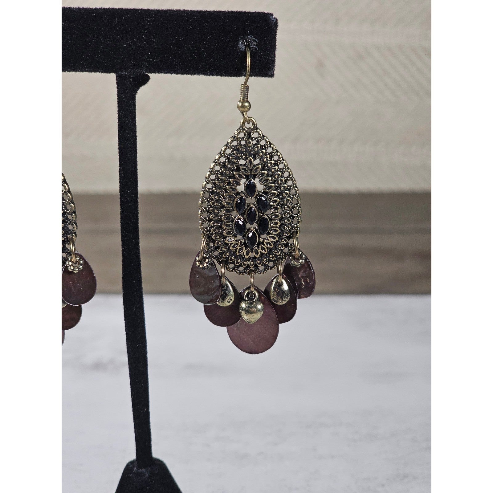 Boho Antique Gold Filigree Teardrop Chandelier Earrings Plum Shell Dangle Charms