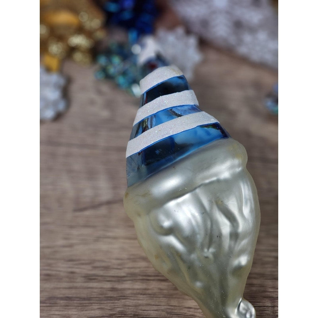 Vintage Handblown Glass Santa Ornament 7 Inch Blue Hat 1970s