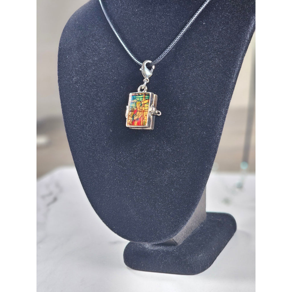 Vintage Stained Glass Locket Necklace Religious Pendant Charm