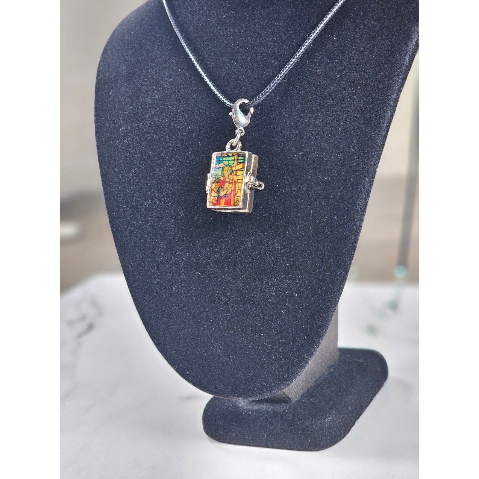 Vintage Stained Glass Locket Necklace Religious Pendant Charm