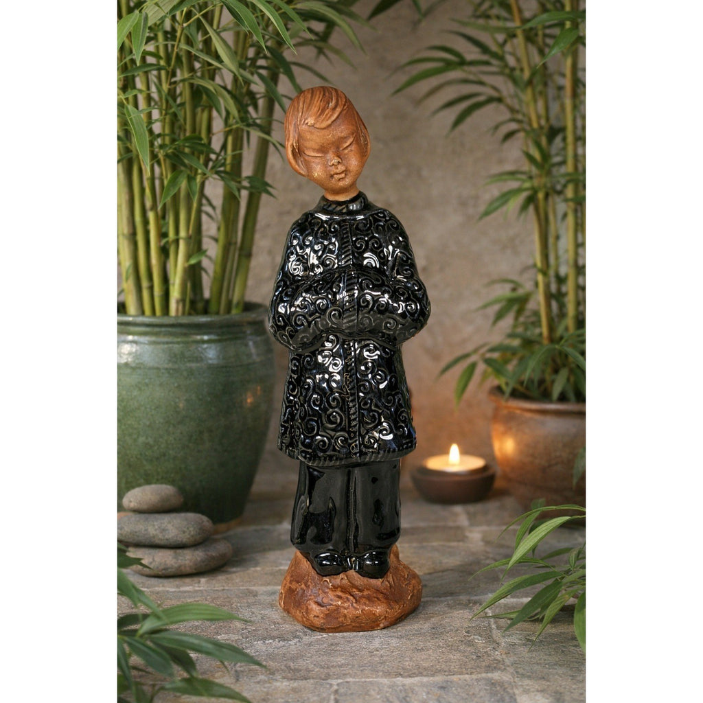 Vintage Ceramic Child Figurine Black Embossed Coat 9.5 Inch Statue