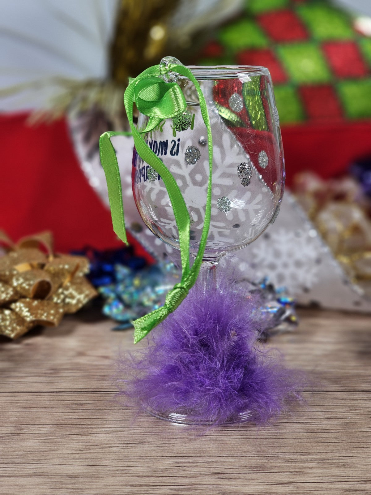 Decorative Wine Glass Ornament 4" Tall With Green Ribbon & Purple Feathers