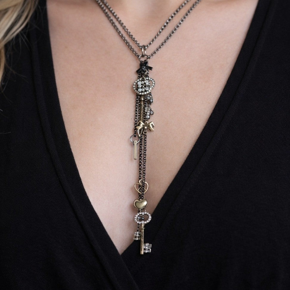 Betsey Johnson Vintage Charm Necklace Key Pendants Long Layered Statement