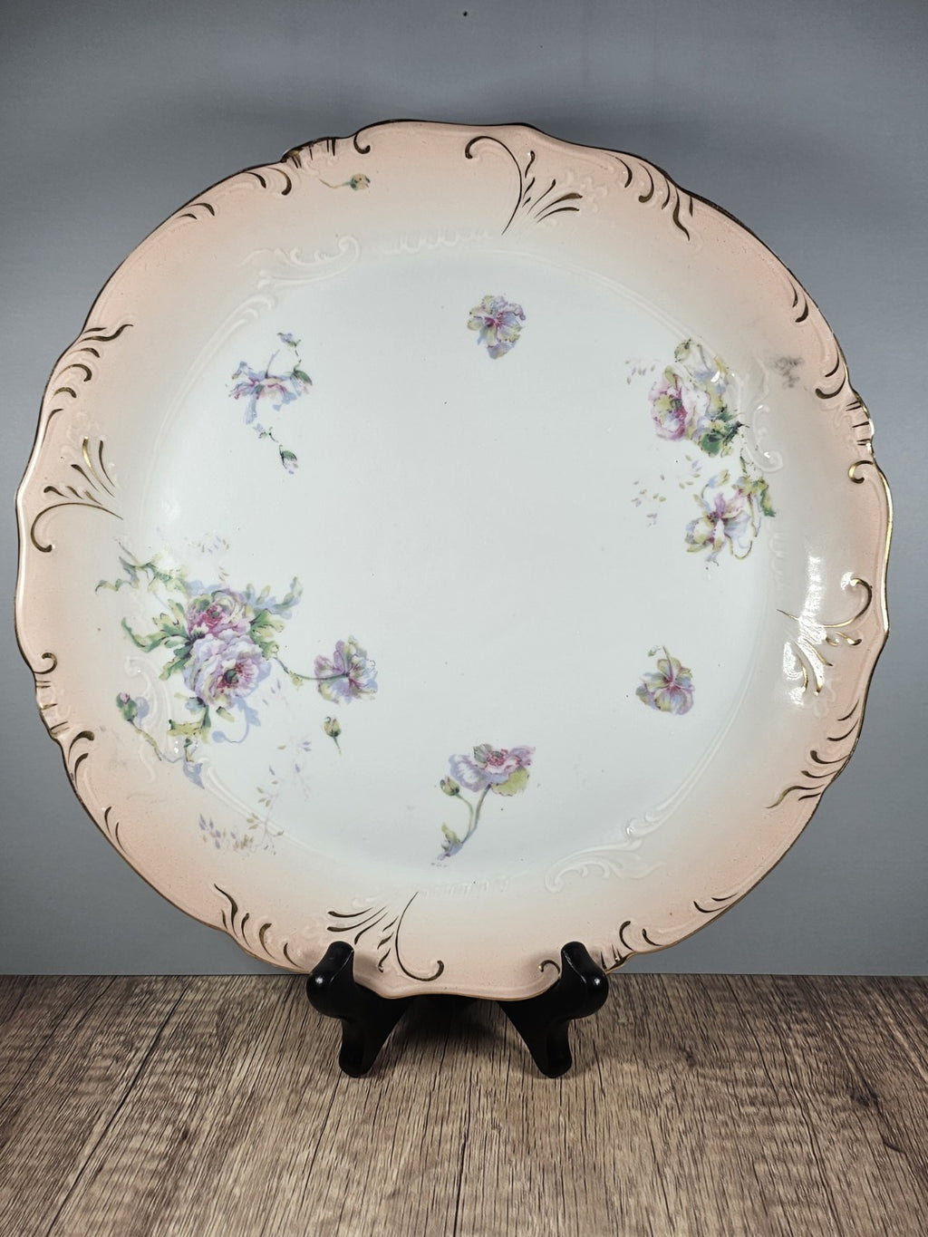 11″ Austria Floral Plate Platter Vintage Porcelain Hand-Painted Gold Trim Rustic