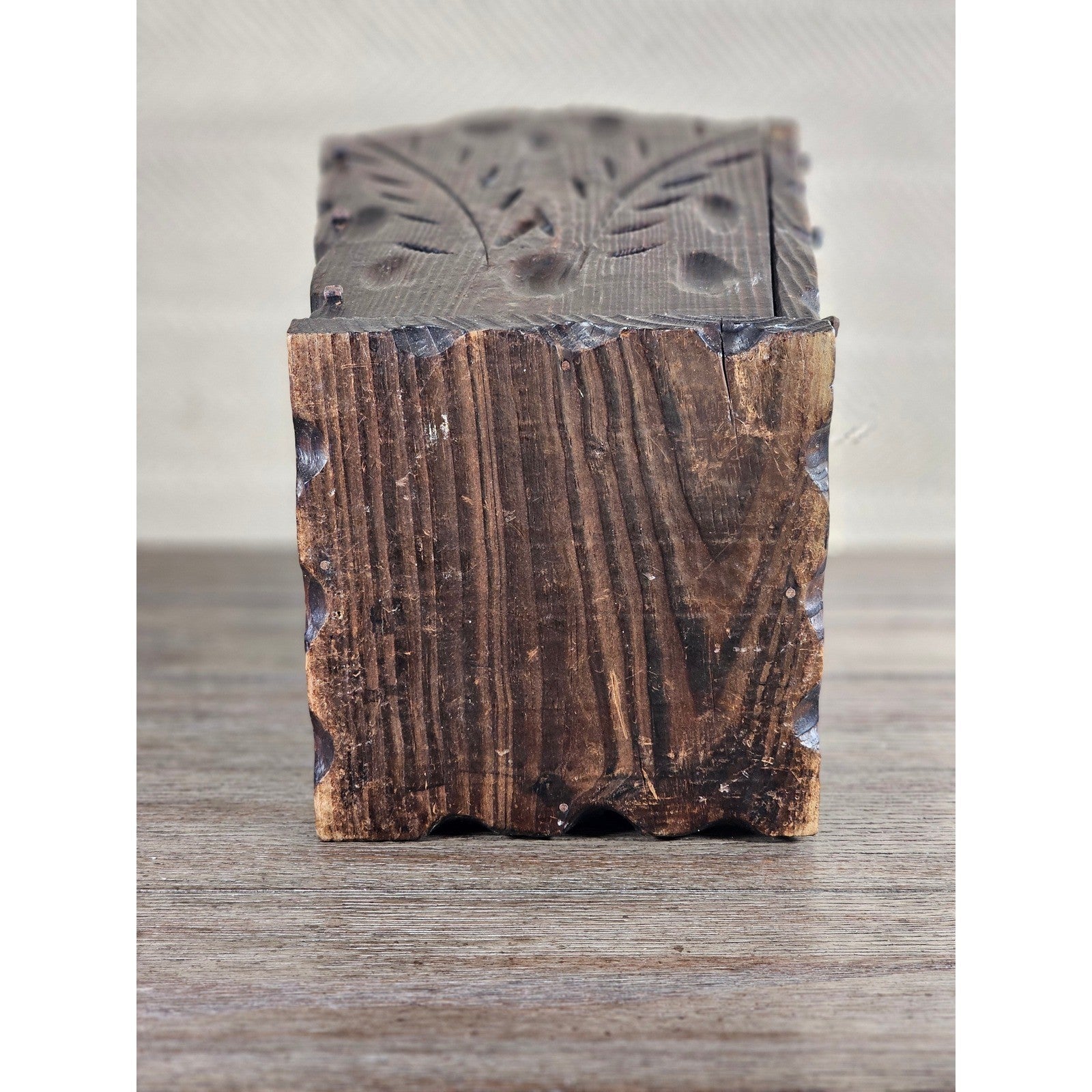 Hand-Carved Rustic Wood Box with Iron Nails | Primitive Farmhouse Decor