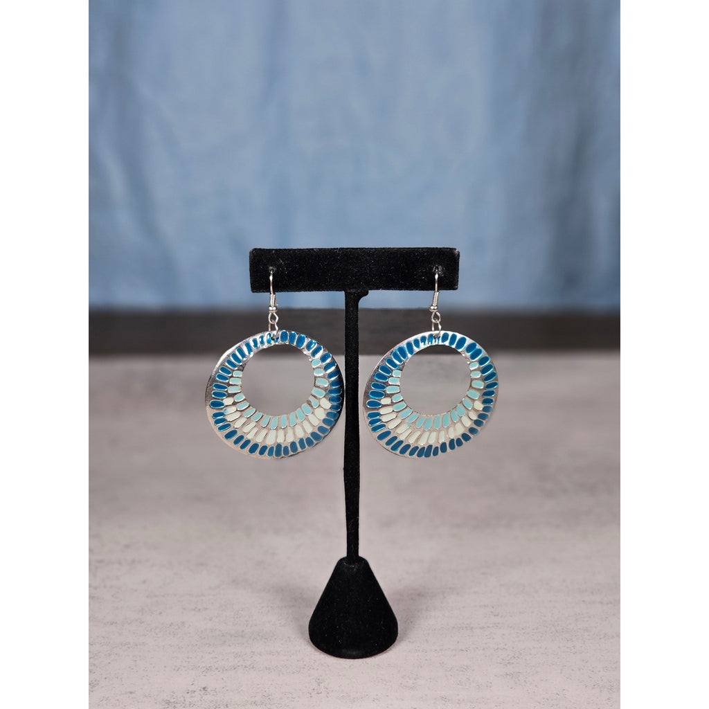 Vintage Blue & Silver Tone Textured Hoop Dangle Earrings