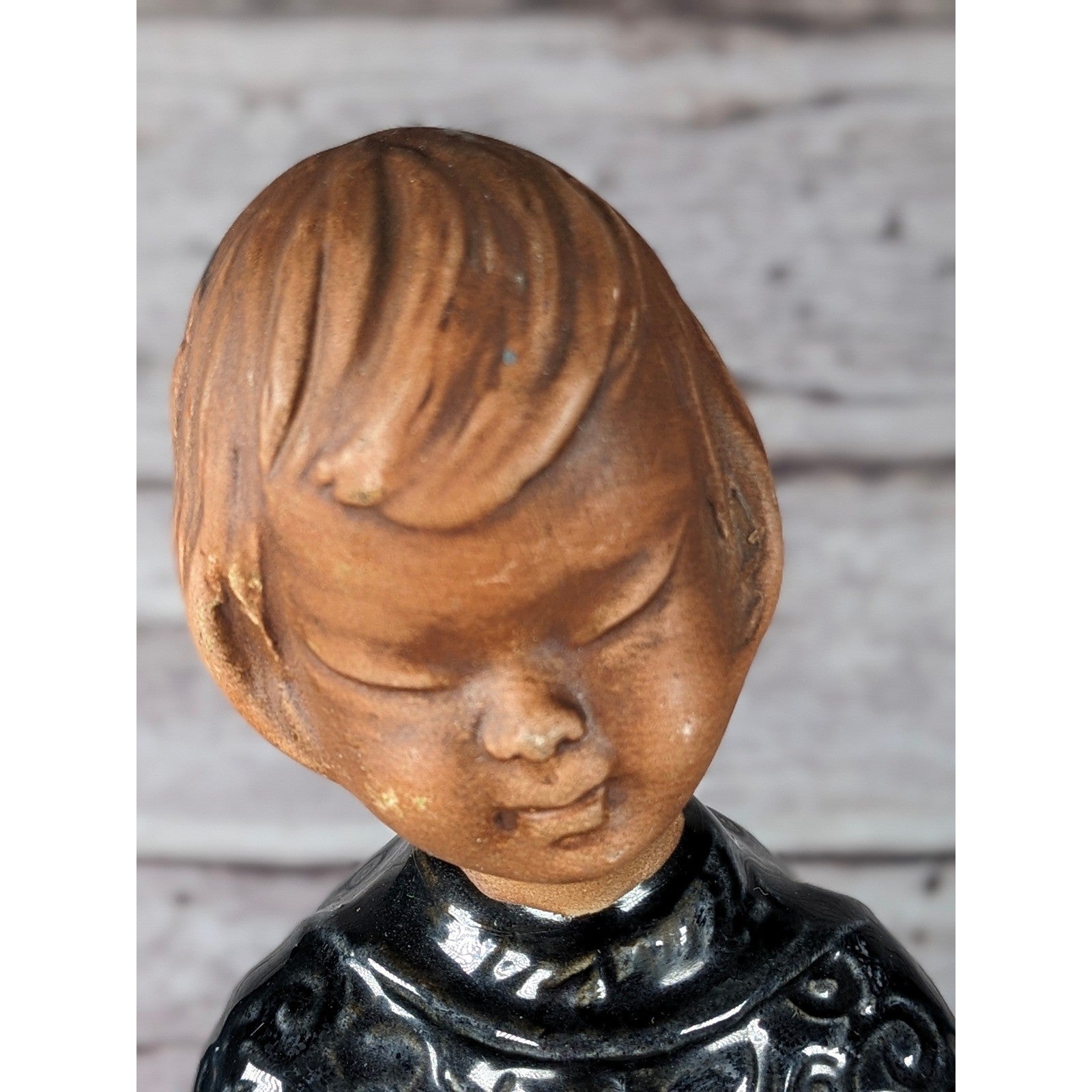 Vintage Ceramic Child Figurine Black Embossed Coat 9.5 Inch Statue