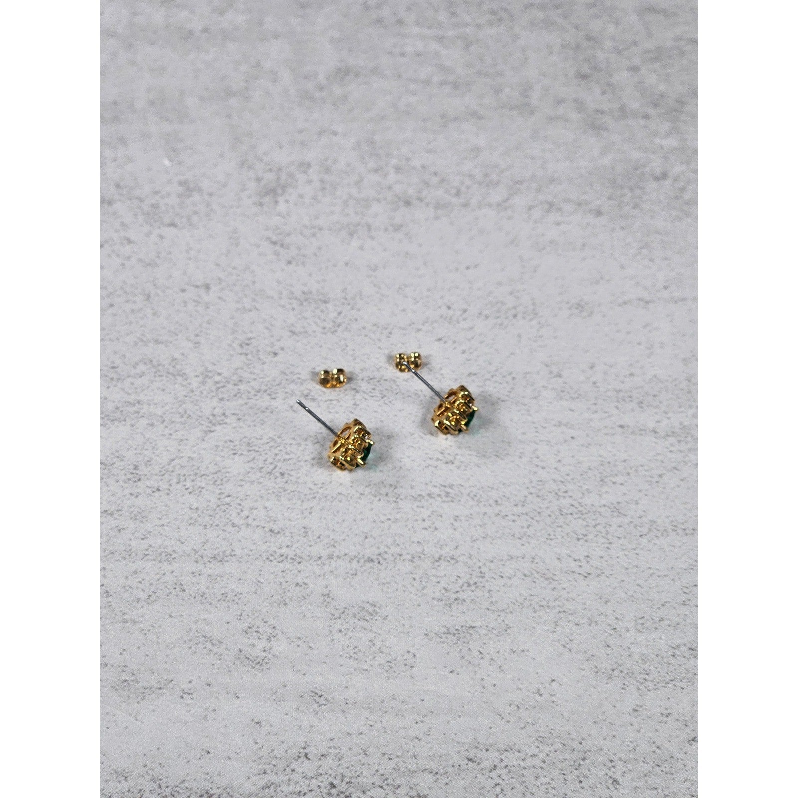 Vintage Green Oval Stud Earrings Gold Tone Halo Rhinestones