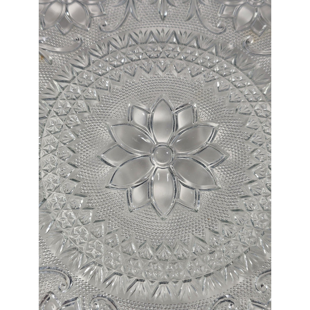 Vintage Pressed Glass Floral Cake Stand Round Serving Tray 13 Inch