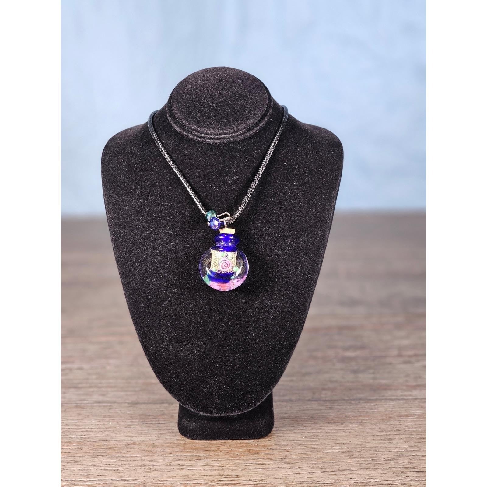 Vintage Glass Potion Bottle Necklace with Cork Stopper on Black Cord
