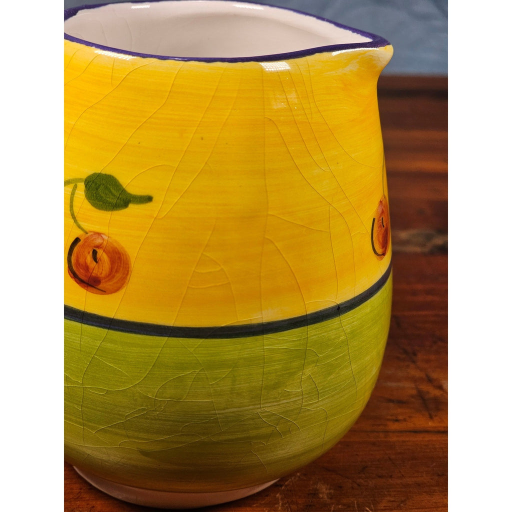 Vintage Ceramic Small Cherry Pitcher Yellow Green Hand Painted Country Kitchen
