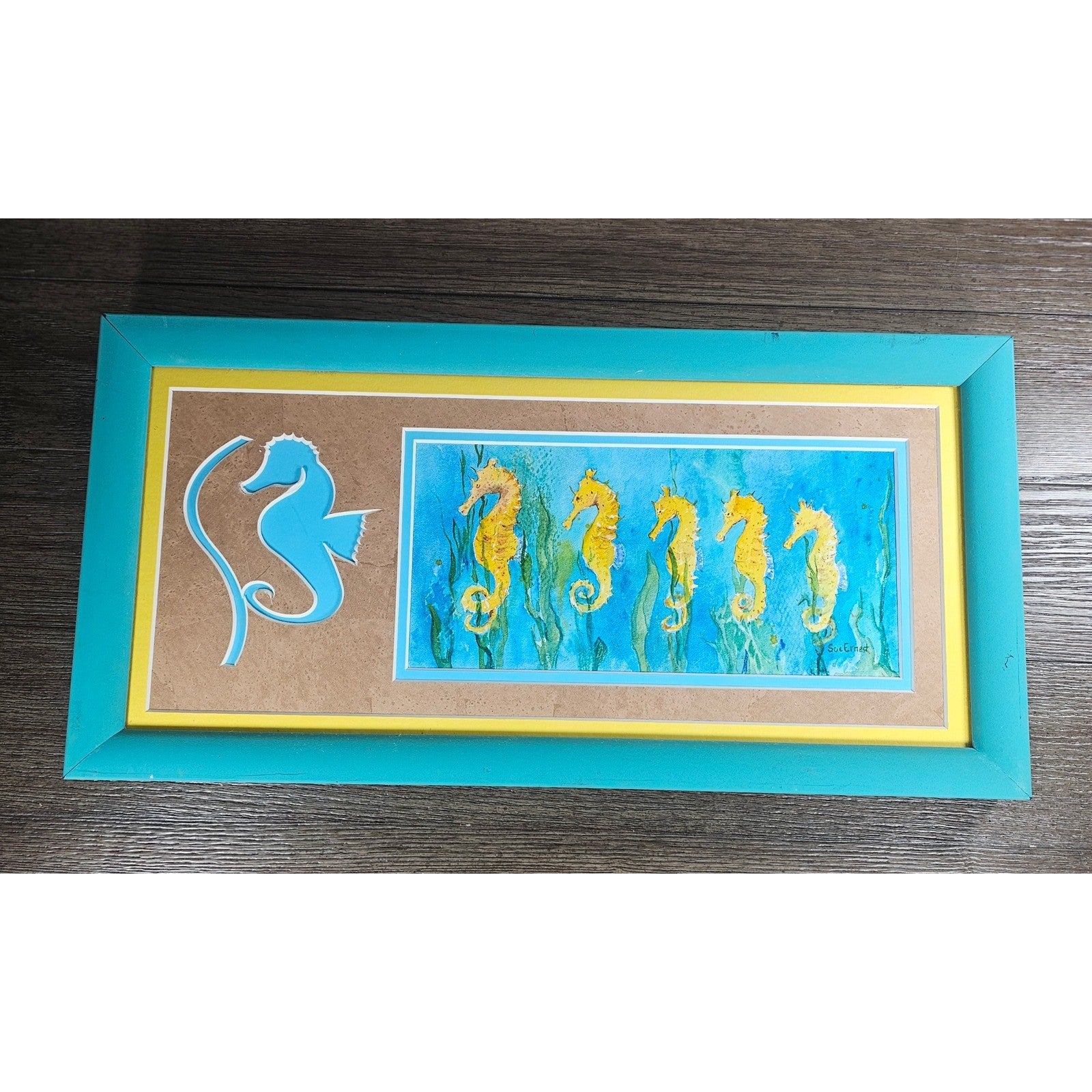 Vintage Framed Seahorse Coastal Wall Art Sue Ernest Beach Decor