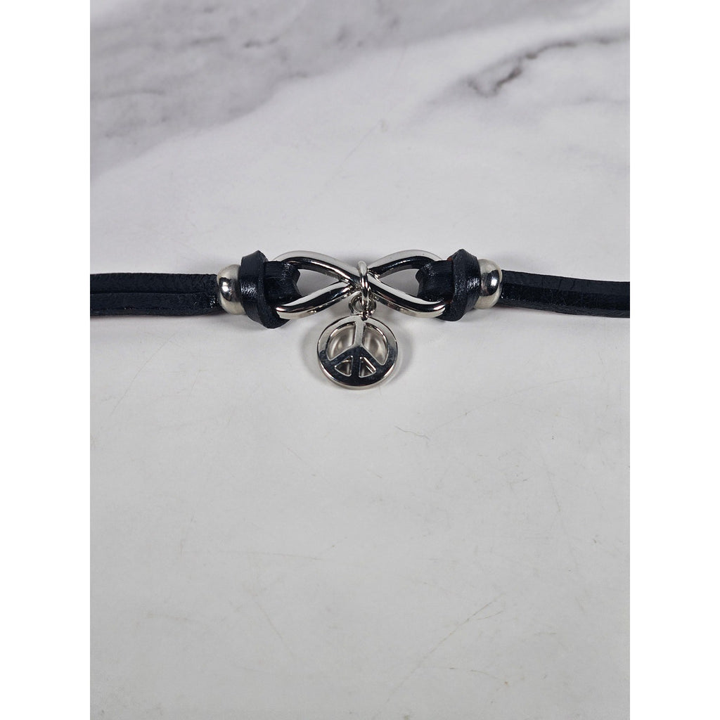 Vintage Petite Leather Peace Sign Bracelet Silver Tone Boho Jewelry