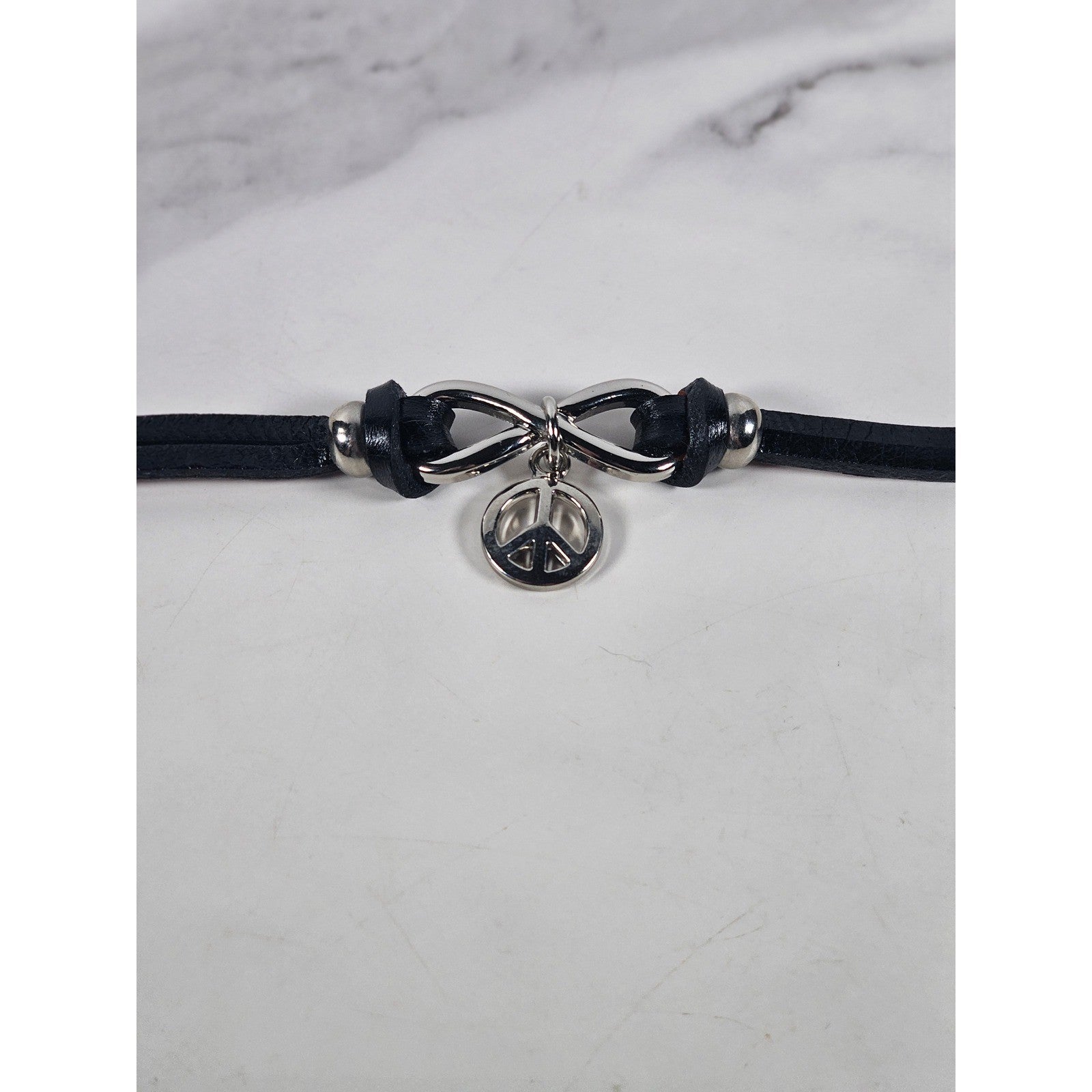 Vintage Petite Leather Peace Sign Bracelet Silver Tone Boho Jewelry