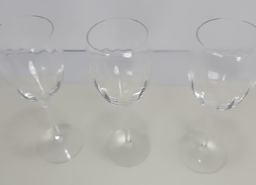 Set of 3 Crystal Fantasy Water Goblets Vintage Ribbed Optic Bowl Glasses