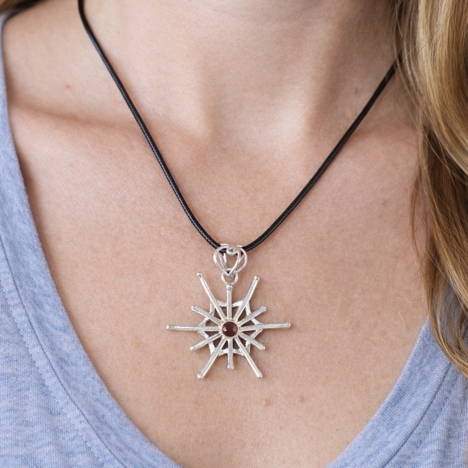Vintage Starburst Pendant Necklace Red Stone Silver Tone