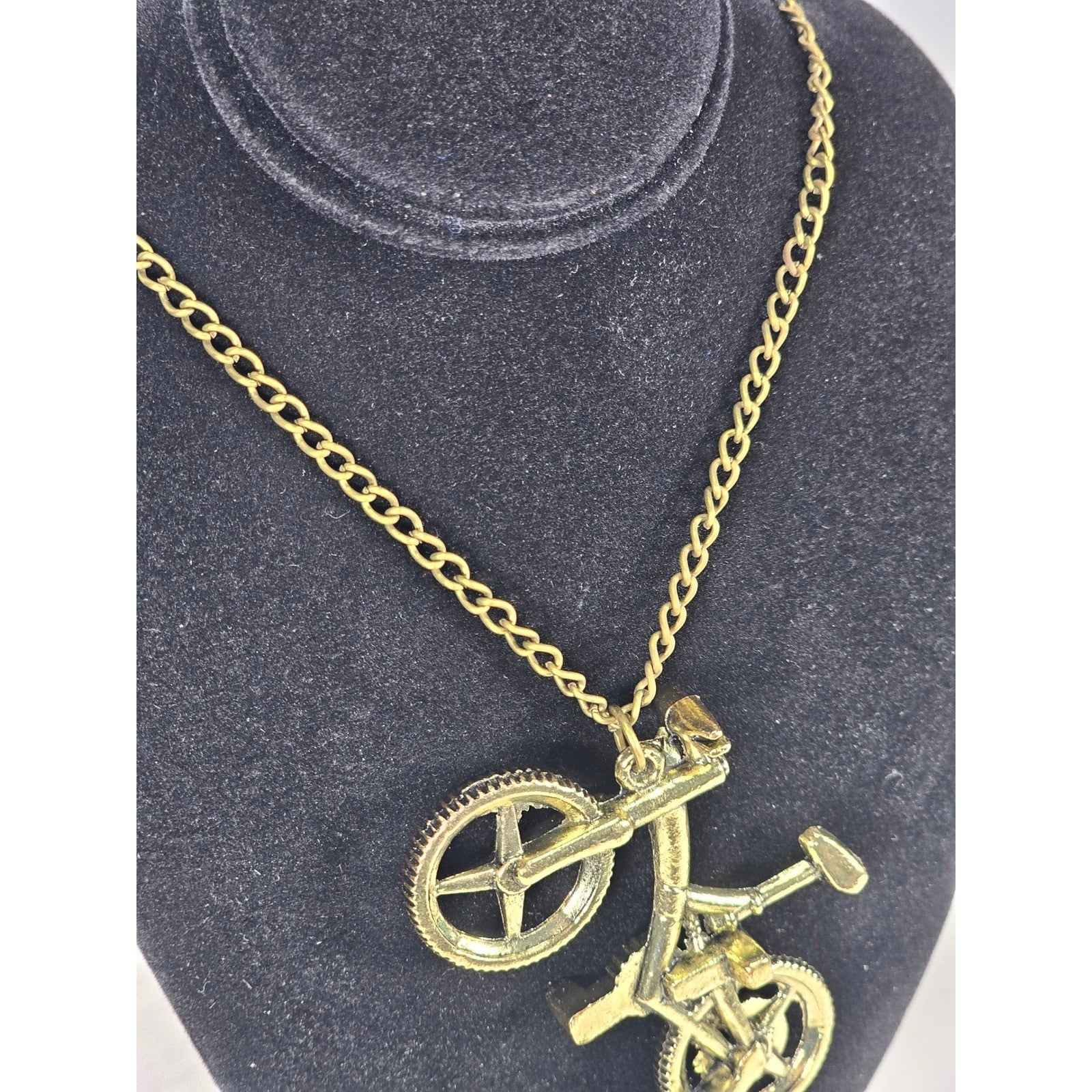 Vintage Bicycle Pendant Necklace Gold Tone Bike Charm Cyclist Jewelry